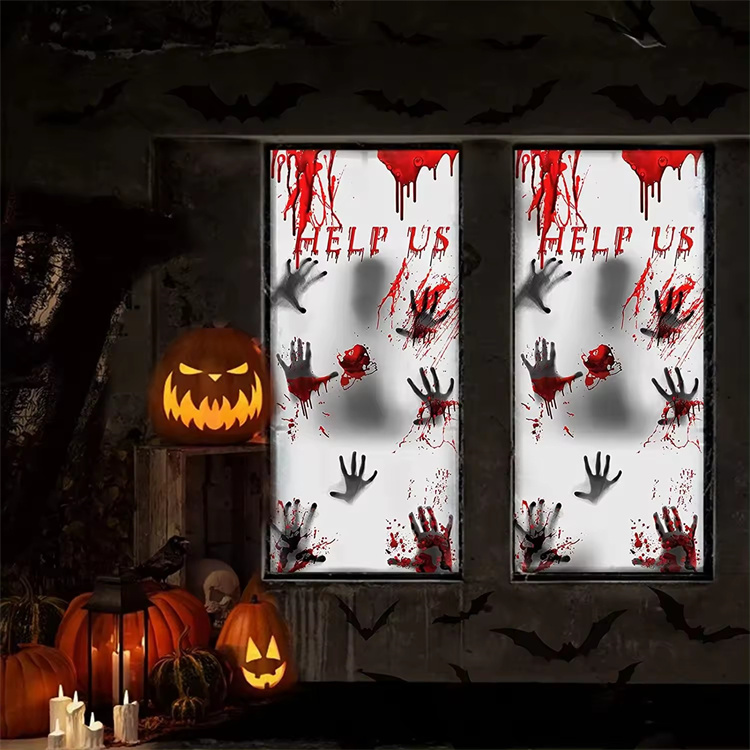 Couverture de fenêtre en plastique avec empreintes de mains sanglantes effrayantes pour Halloween